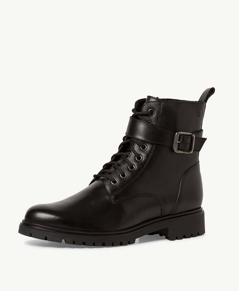 Tamaris Leather Lace Up Buckle Boots - Black