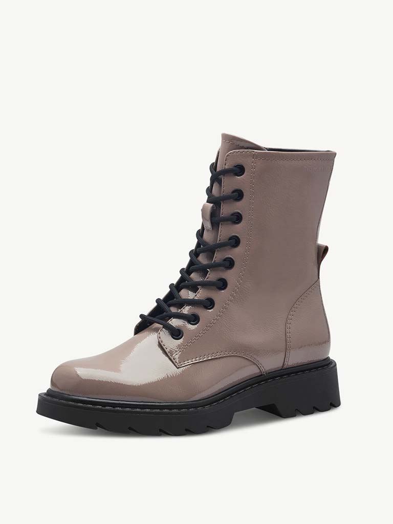 Tamaris Faux Patent Leather Lace Up Boots Taupe Chester Boutique