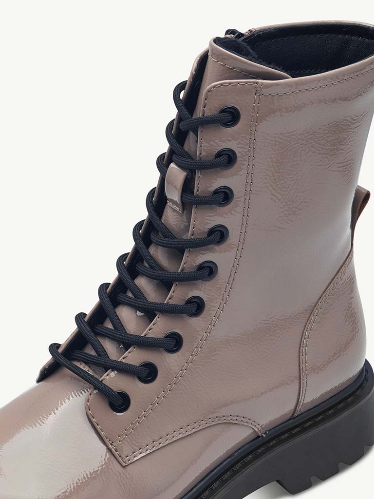 Tamaris Faux Patent Leather Lace Up Boots - Taupe