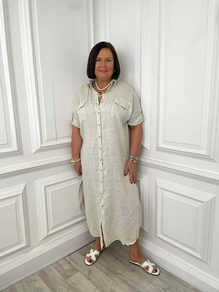 Linen Pocket Shirt Dress - Stone