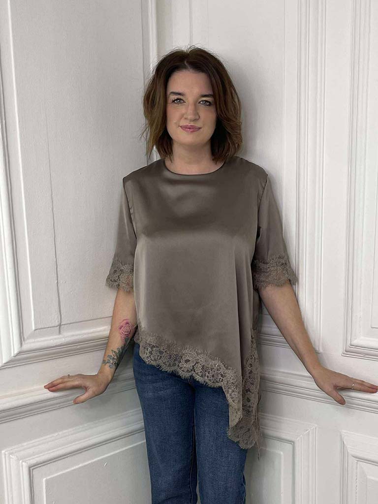 Lace Trim Asymmetric Top - Mocha