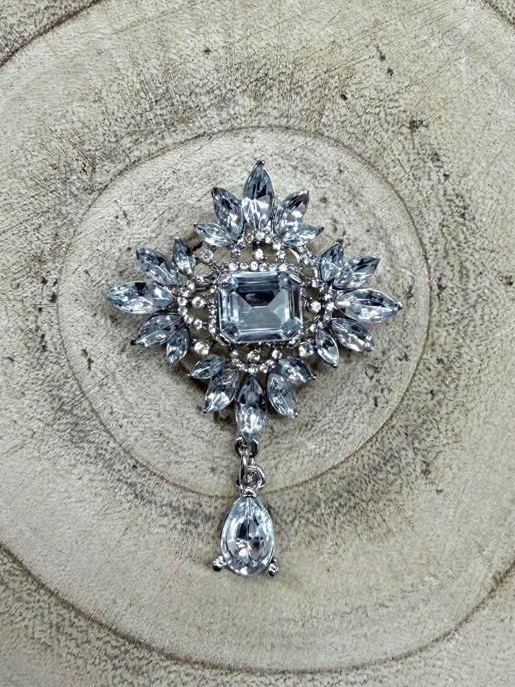 Jewelled Teardrop Brooch - Silver