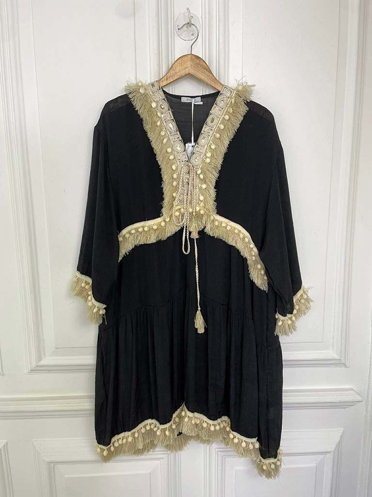 Fringed Kaftan Dress - Black