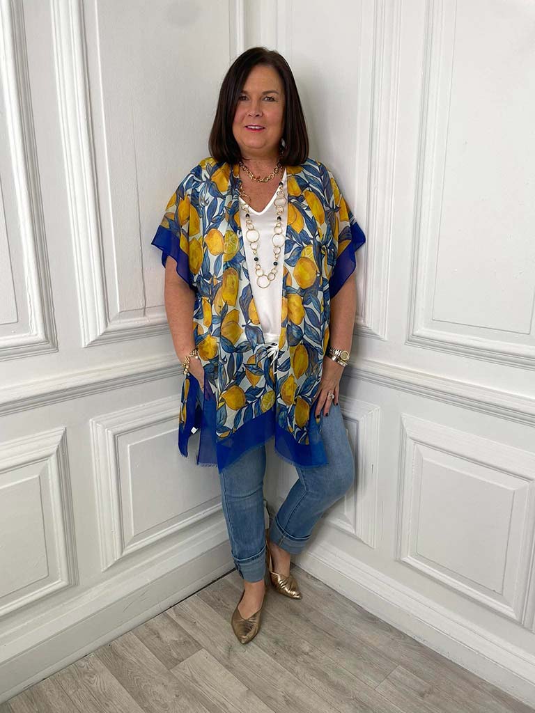Womens fashion lemon print kimono with blue edges, relaxed styling for everyday wear, modern outfit. - Lemon Grove Kimono