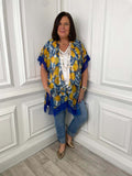 Womens fashion lemon print kimono with blue edges, relaxed styling for everyday wear, modern outfit. - Lemon Grove Kimono