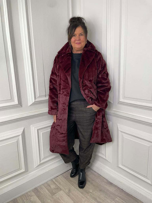 Luxe Faux Fur Long Coat - Burgundy