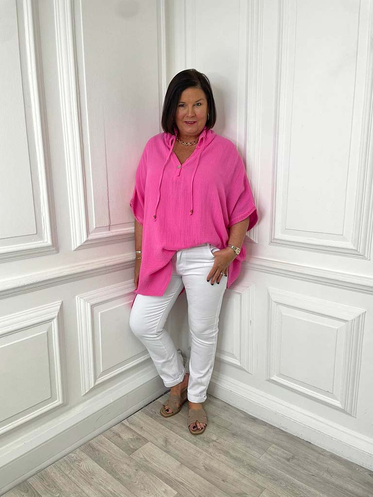 Drawstring Collar Oversized Tunic - Cerise