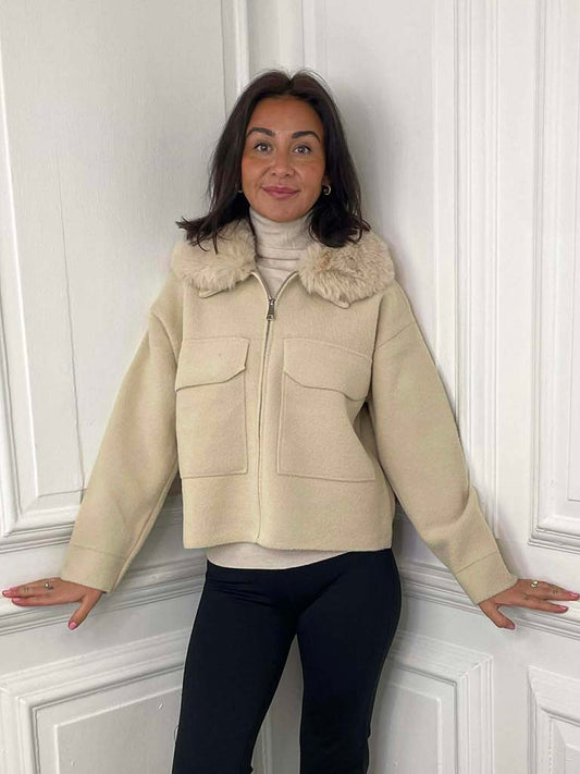 Faux Fur Collar Knitted Jacket - Stone
