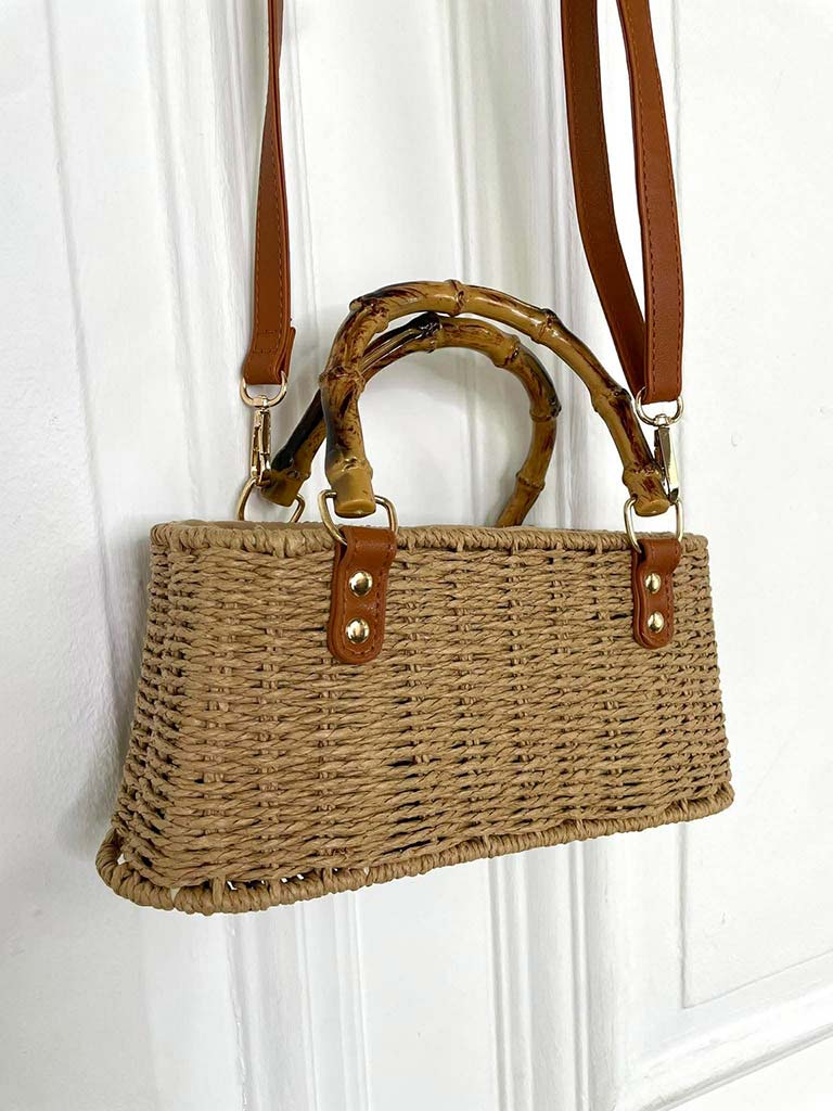 Bamboo Handle Rattan Bag - Caramel