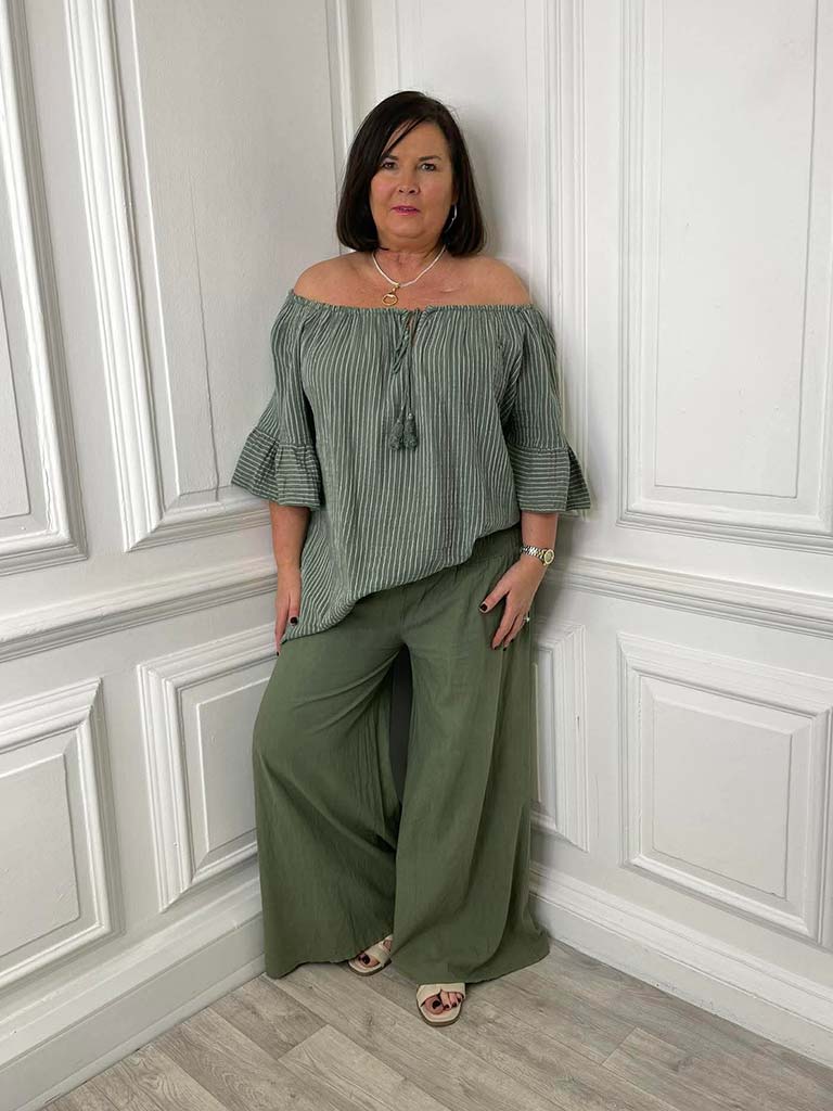 Seersucker Stripe Bardot Top - Khaki