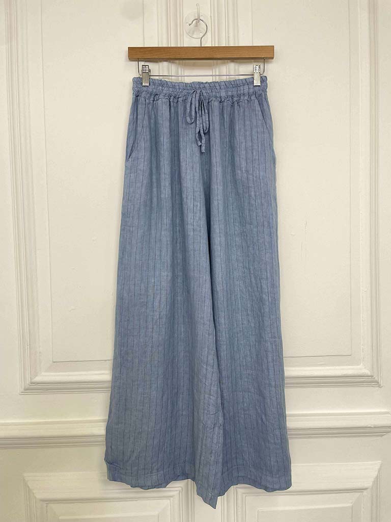 Linen Pinstripe Wide Leg Trousers - Denim