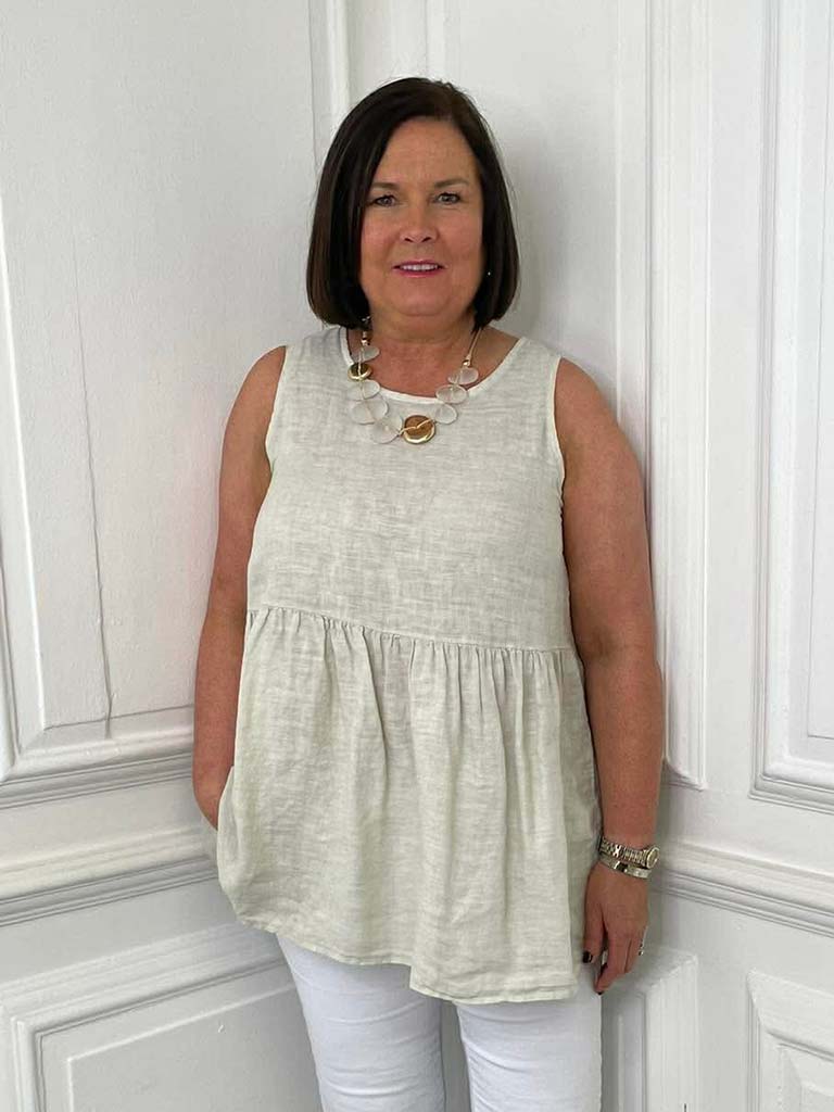 Linen Button Back Sleeveless Top - Stone