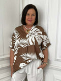 Tropical Print V-Neck Top - Pecan