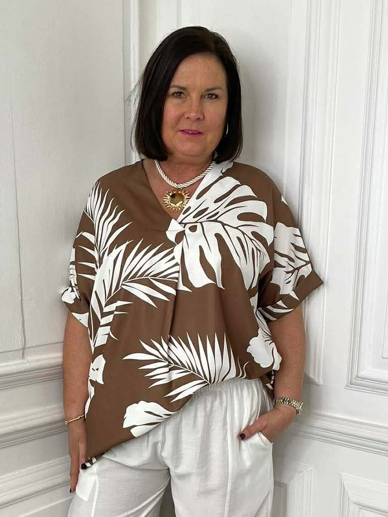 Tropical Print V-Neck Top - Pecan