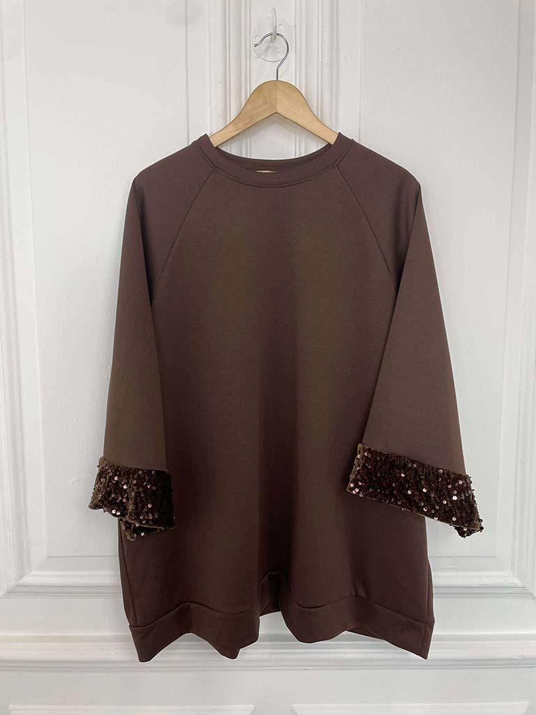 Sequin Cuff Sweatshirt - Chocolate