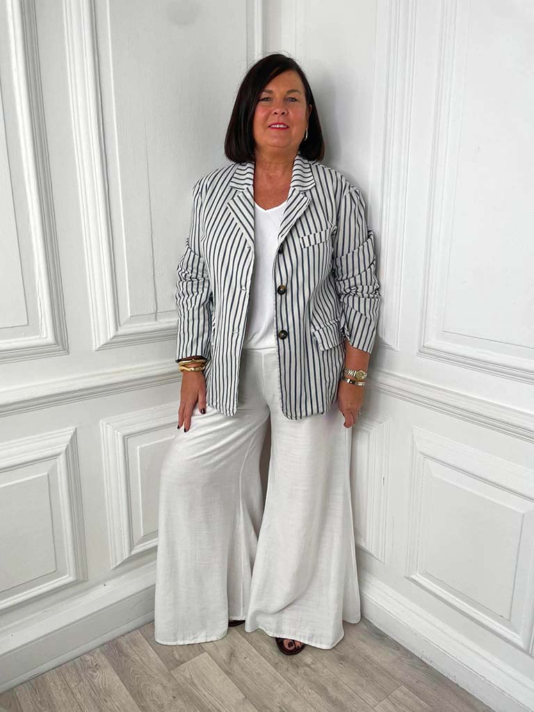 Striped Cotton Blazer - White & Navy