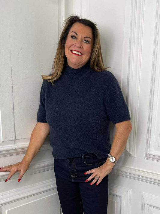 High Neck Short Sleeve Knit - Navy