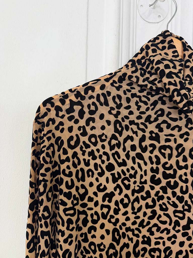 Malissa J Draped Neck Mesh Top - Leopard