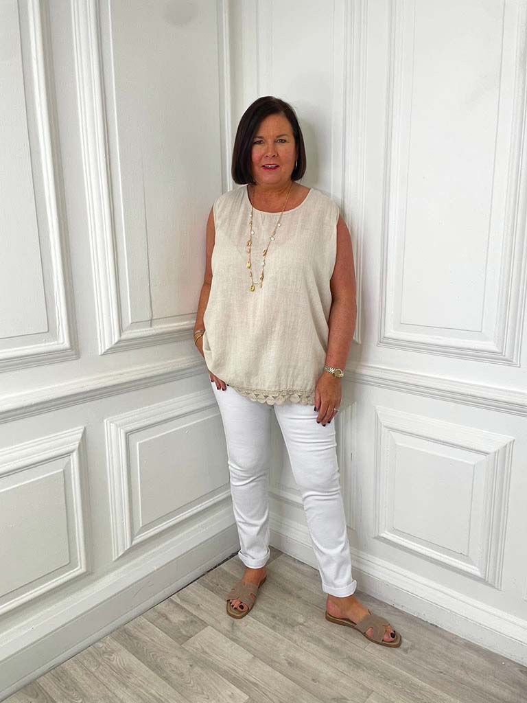 Crochet Trim Vest Top - Stone
