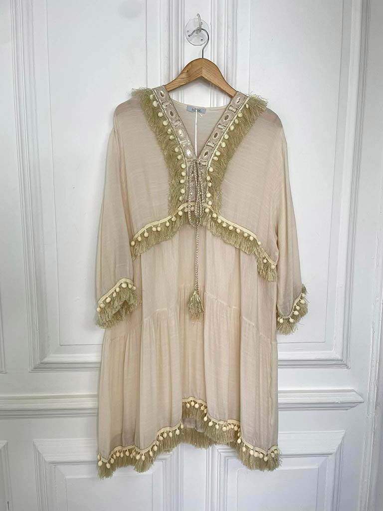 Fringed Kaftan Dress - Ecru