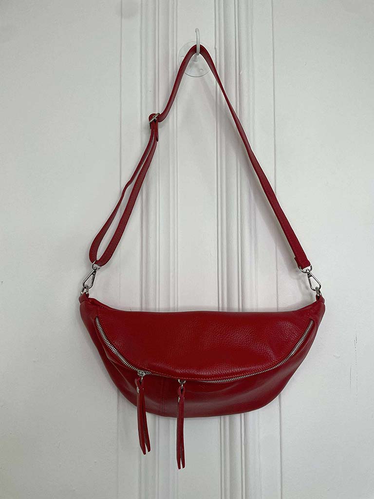 Leather Double Zip Bumbag - Red