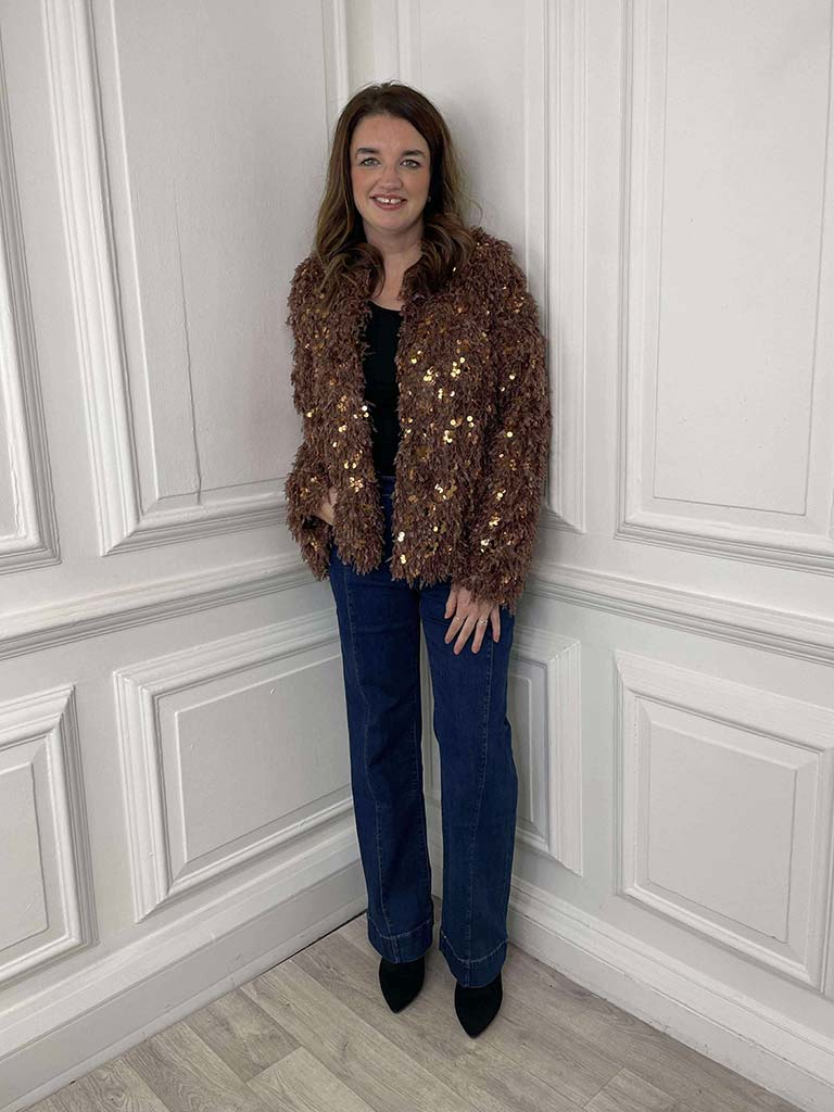 Faux Feather Sequin Jacket - Cinnamon