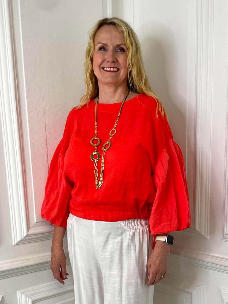 Linen Puff Sleeve Top - Blood Orange