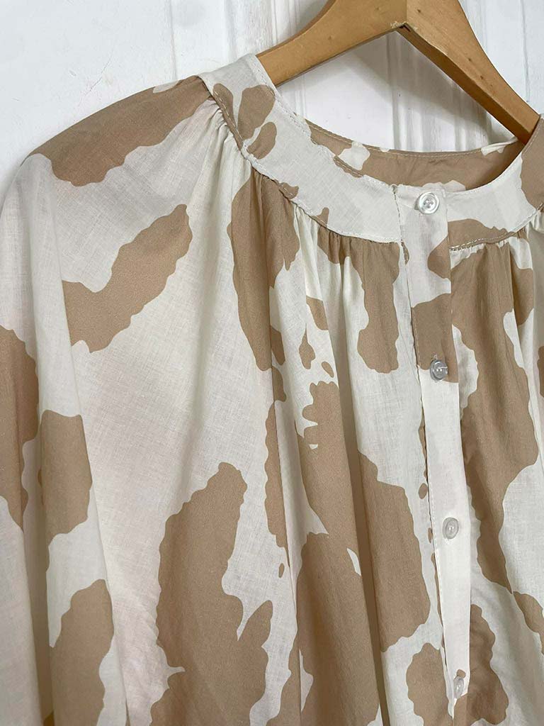Balloon Sleeve Cow Print Blouse - Stone