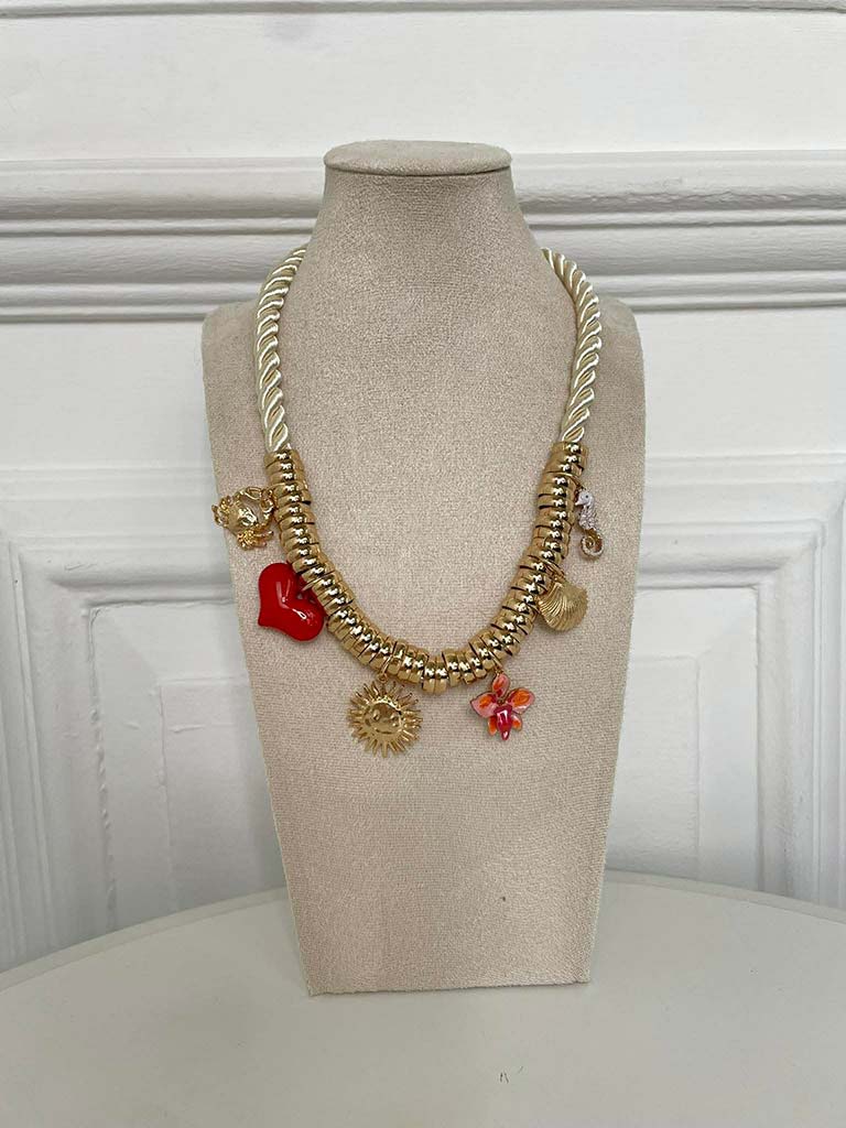 Gold rope charm necklace with floral and heart pendants for relaxed styling and everyday wear. - Rope Charm Necklace