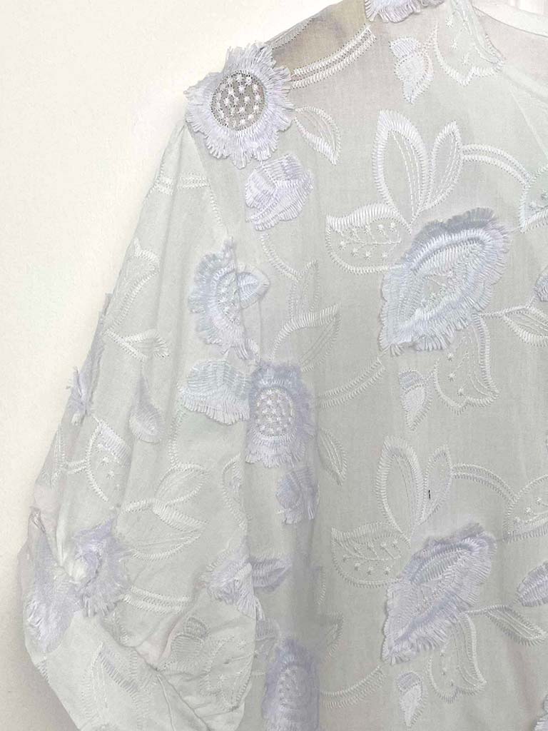 Floral Embroidery Smock Top - White