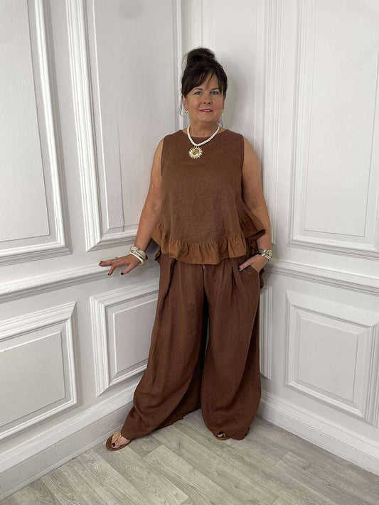 Linen Pleat Front Trousers - Chestnut