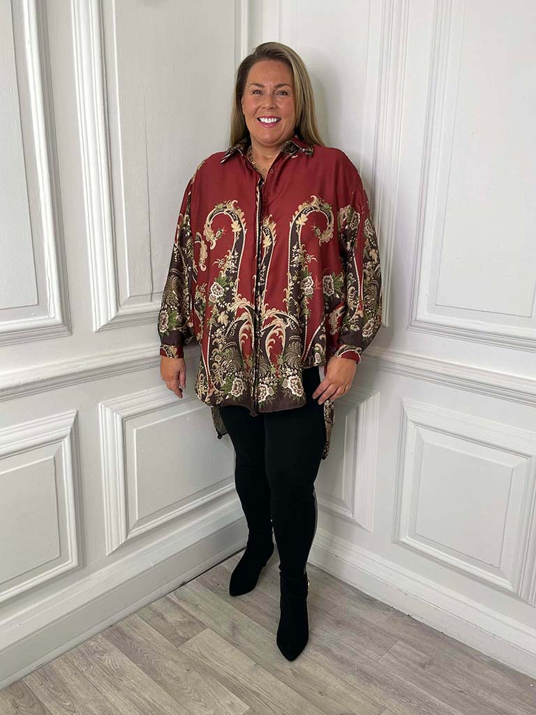 Ornate Floral Silk Feel Shirt - Rust