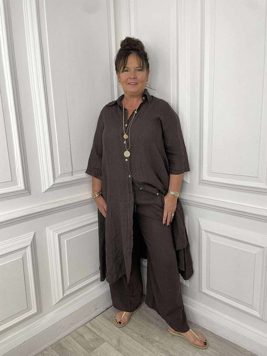 Linen Shirt Dress - Chocolate