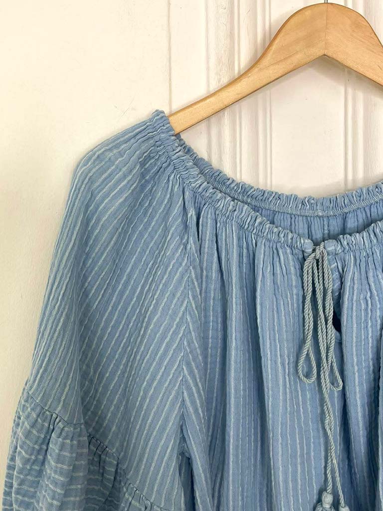 Seersucker Stripe Bardot Top - Sky