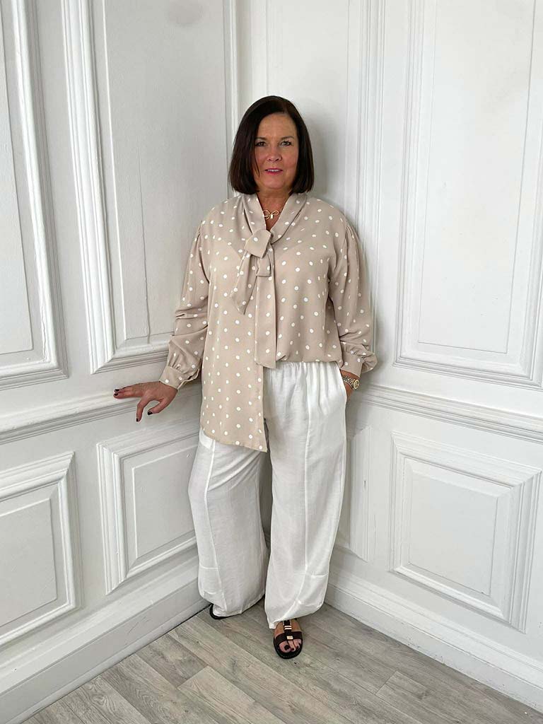 Dotty Pussybow Blouse - Stone