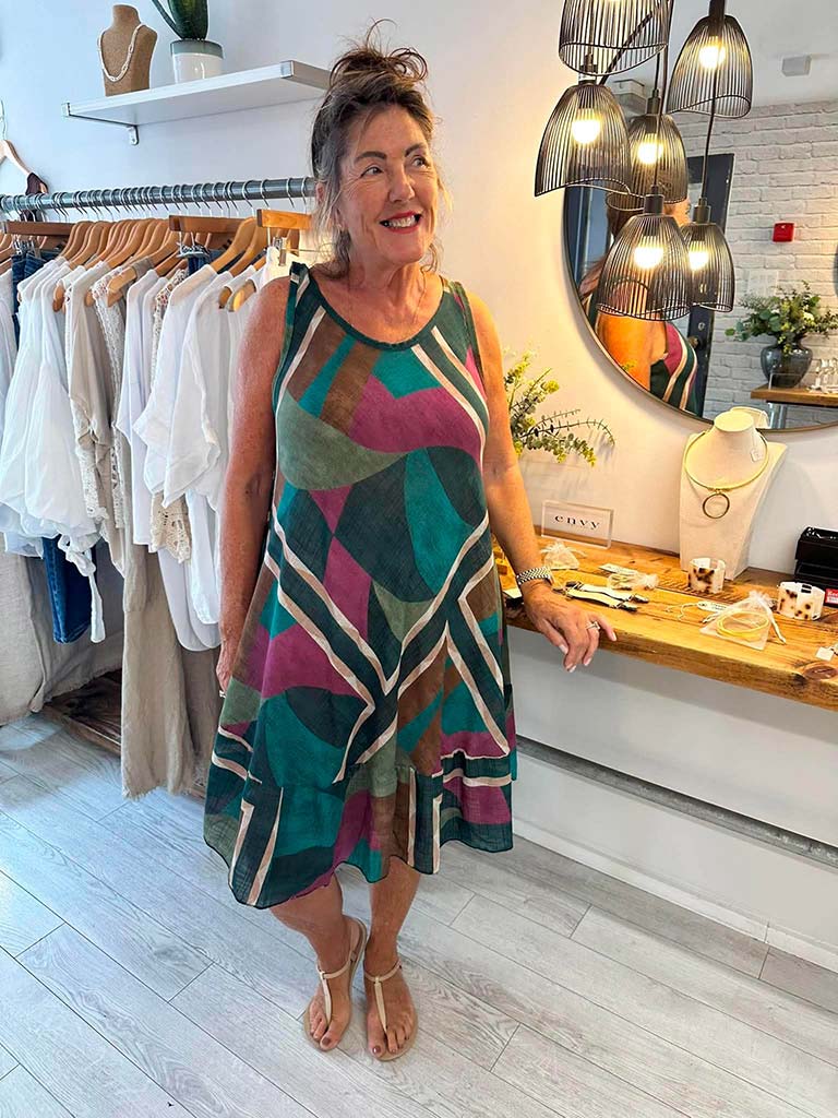 Abstract Print A-Line Dress - Teal & Magenta