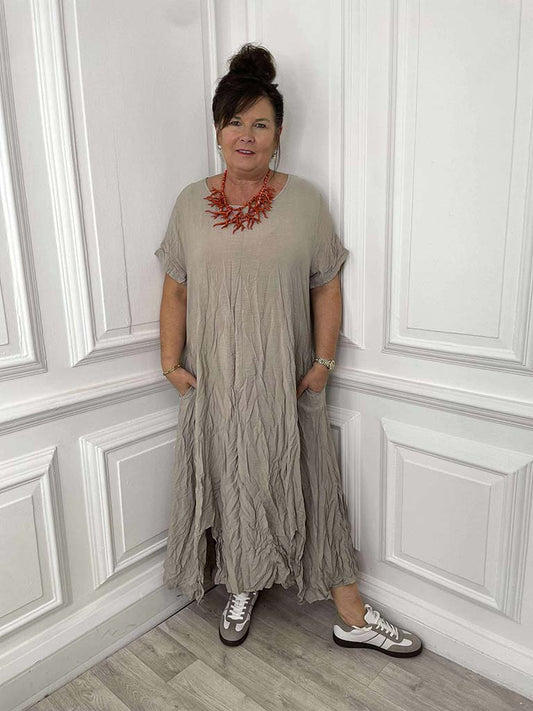 Crinkle Short Sleeve Maxi Dress - Stone