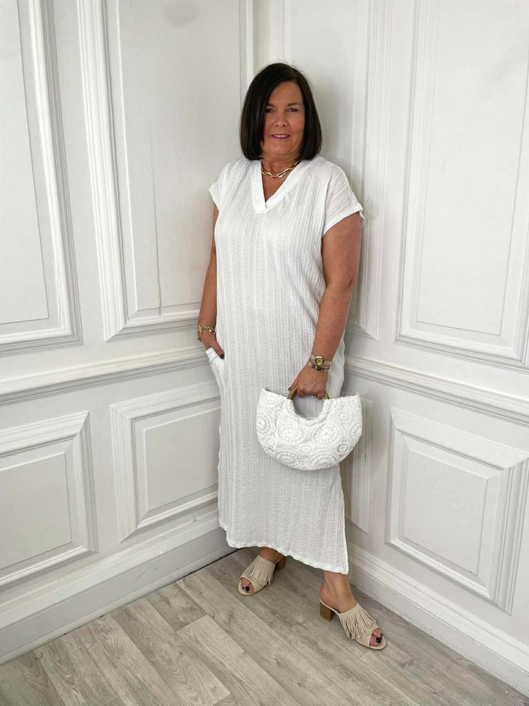 Textured Side Split Dress - White