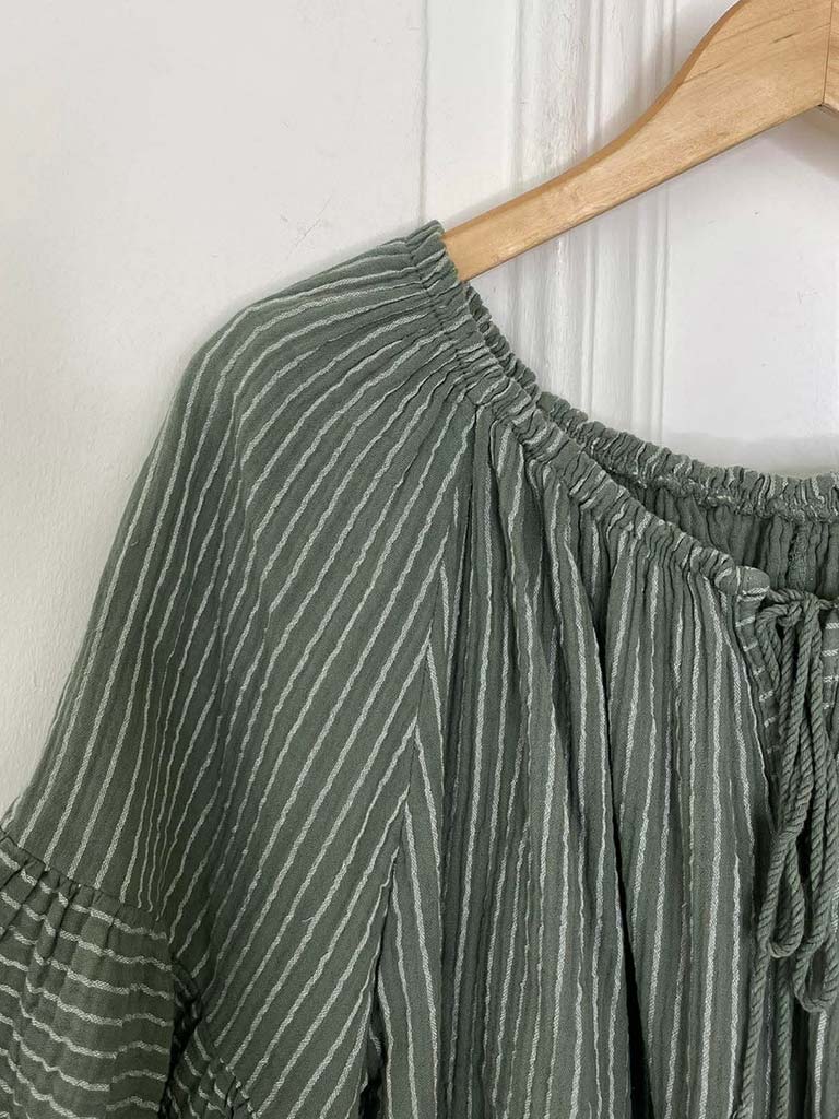 Seersucker Stripe Bardot Top - Khaki