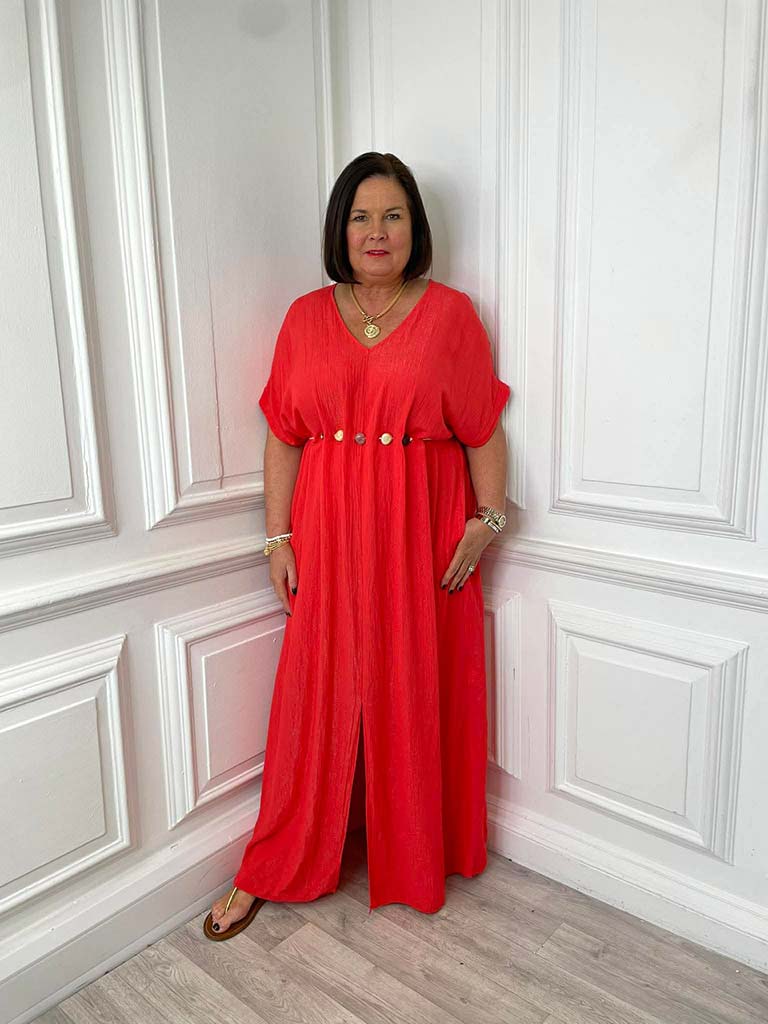 V-Neck Stone Drawstring Dress - Blood Orange