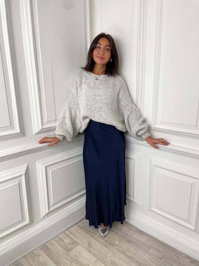 Silk Mix Bias Cut Skirt - Navy