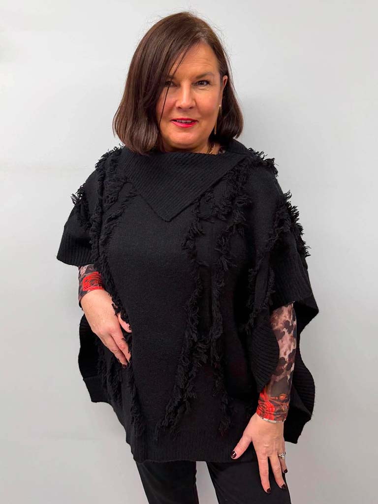 Malissa J Raw Edge Knit Poncho - Black