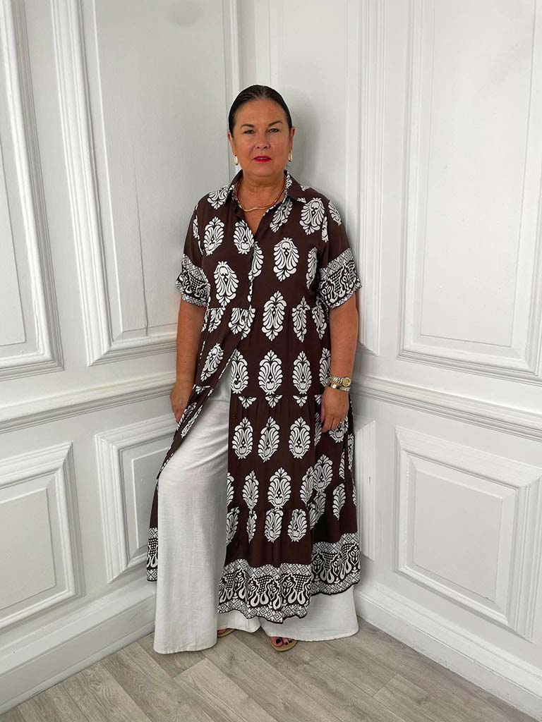 Paisley Print Tiered Maxi Dress - Cocoa & White