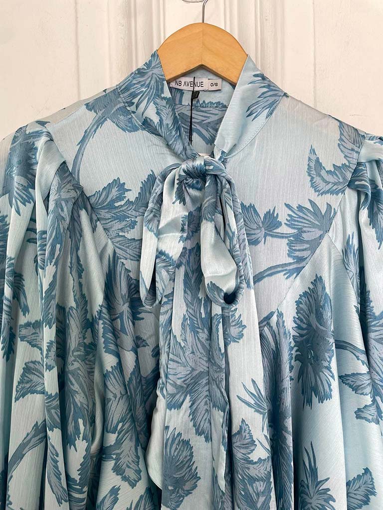 Palm Pussybow Blouse - Aqua