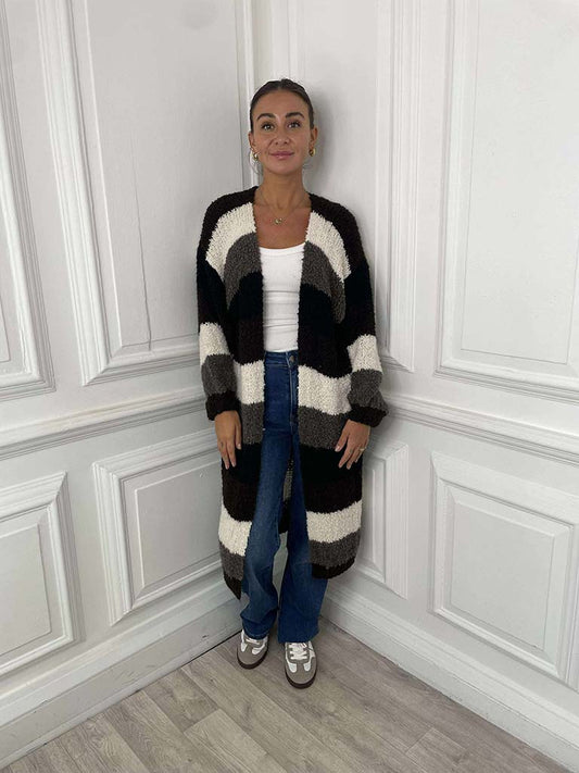 Teddy Stripe Cardigan - Chocolate & Black