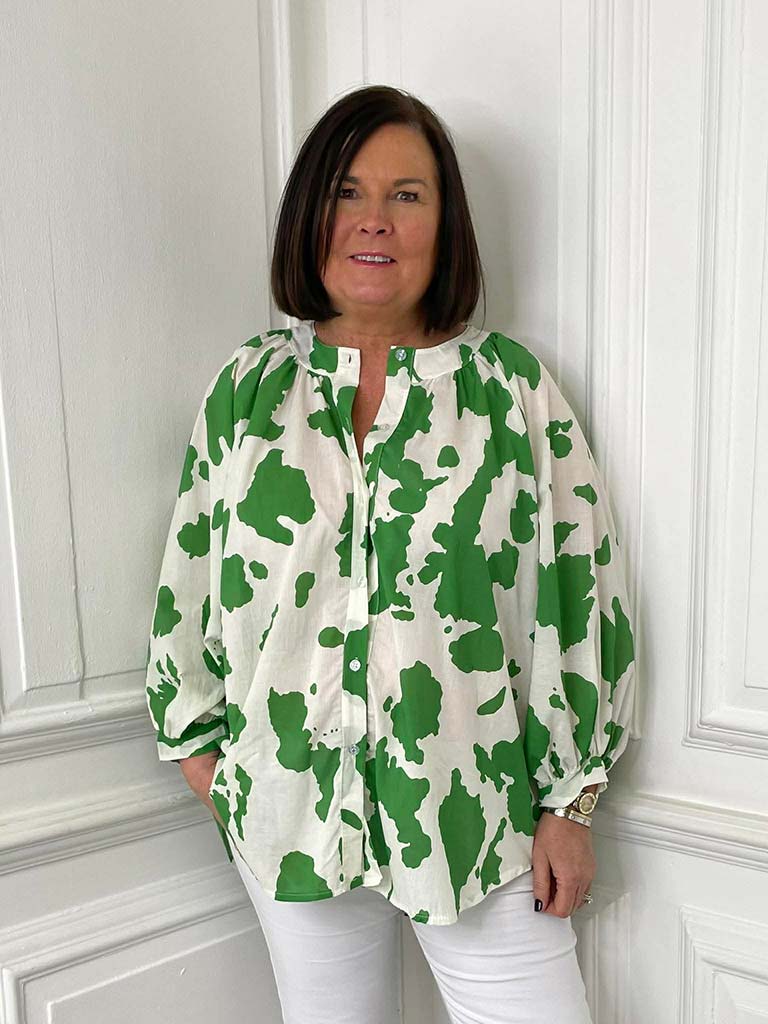 Balloon Sleeve Cow Print Blouse - Green