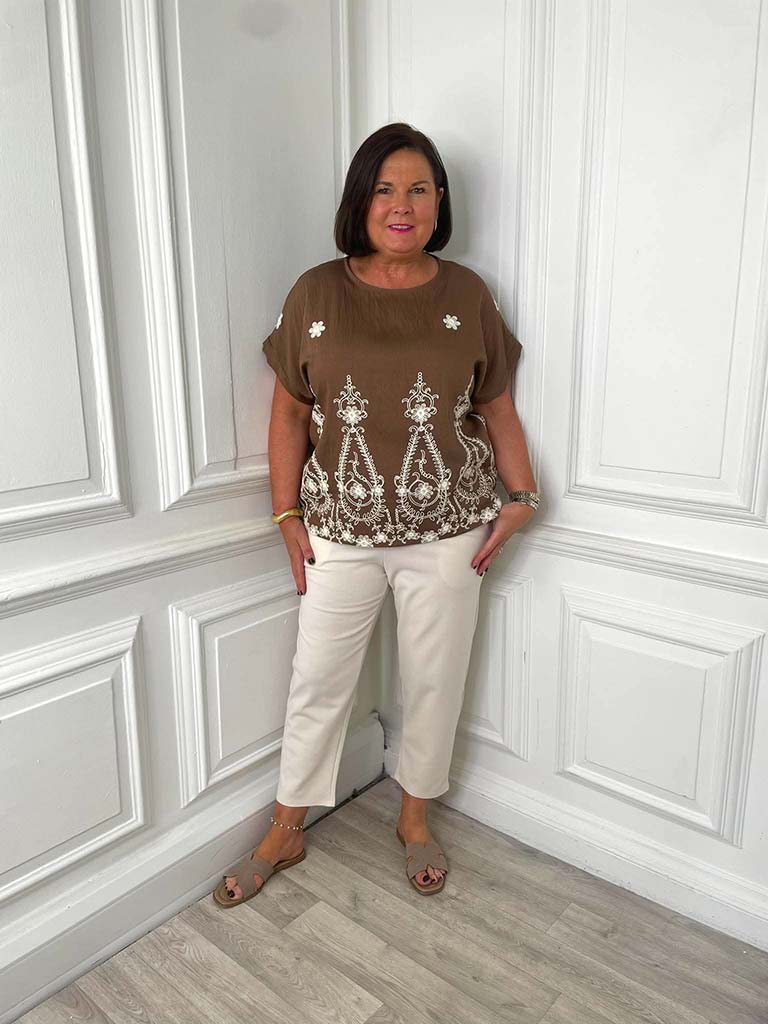 Henna Embroidered Boxy Top - Truffle