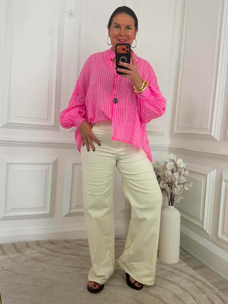 Balloon Sleeve Stripe Shirt - Neon Pink