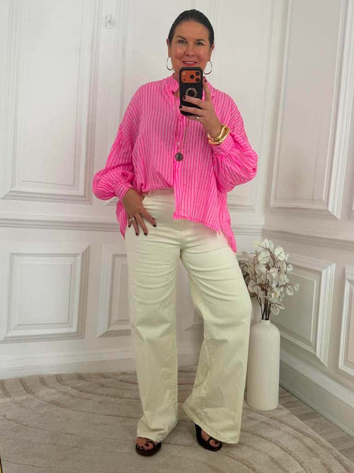 Balloon Sleeve Stripe Shirt - Neon Pink