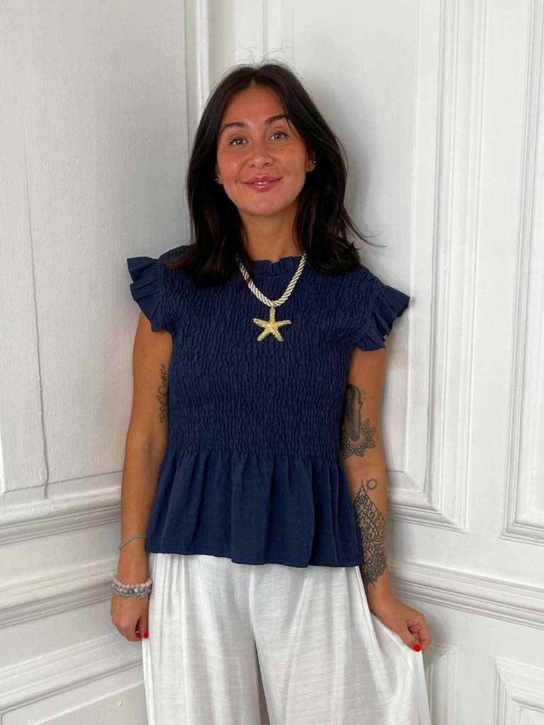 Shirred Frill Top - Navy